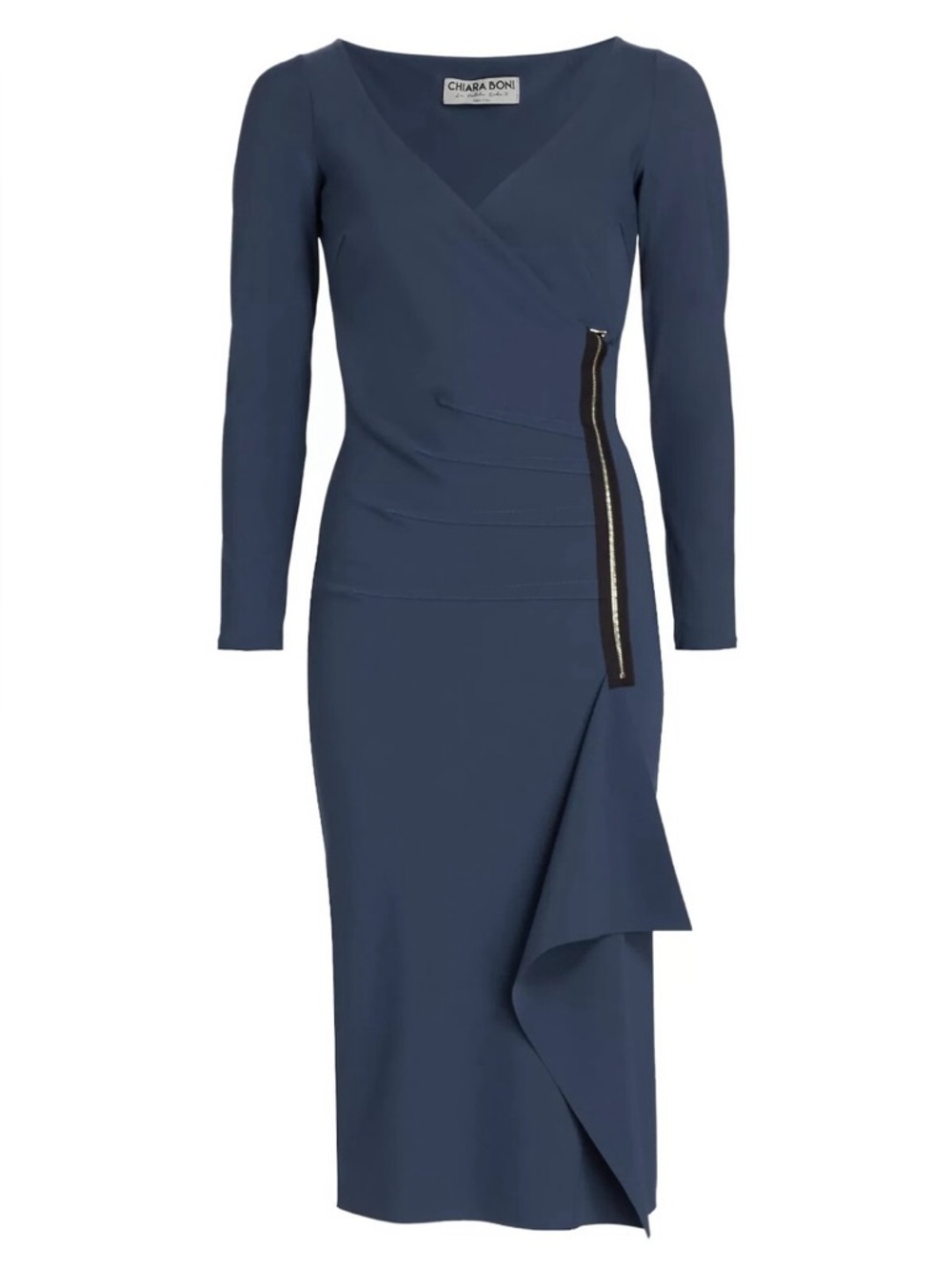 Chiara Boni Navy Long-Sleeve Wrap Midi Dress with Side Zip Detail, Size 6